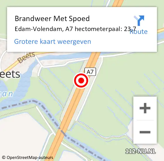 Locatie op kaart van de 112 melding: Brandweer Met Spoed Naar Edam-Volendam, A7 hectometerpaal: 23,7 op 12 september 2022 13:29