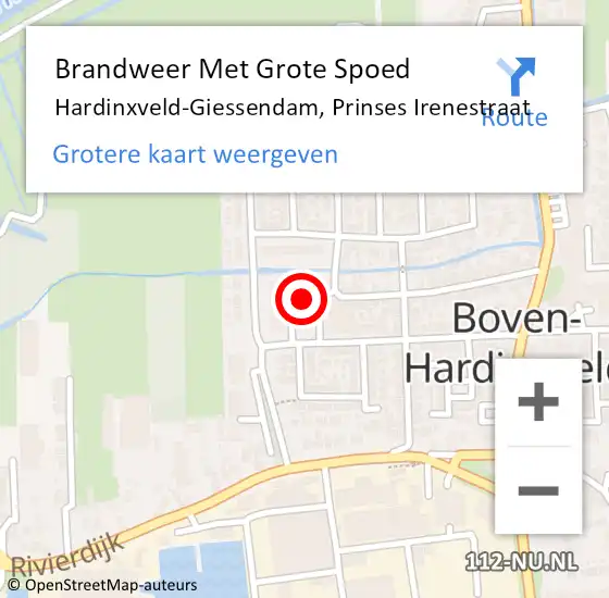 Locatie op kaart van de 112 melding: Brandweer Met Grote Spoed Naar Hardinxveld-Giessendam, Prinses Irenestraat op 12 september 2022 13:38