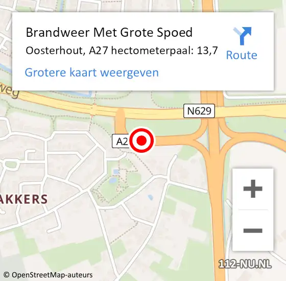 Locatie op kaart van de 112 melding: Brandweer Met Grote Spoed Naar Oosterhout, A27 hectometerpaal: 13,7 op 12 september 2022 14:14