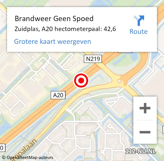 Locatie op kaart van de 112 melding: Brandweer Geen Spoed Naar Zuidplas, A20 hectometerpaal: 42,6 op 12 september 2022 14:57