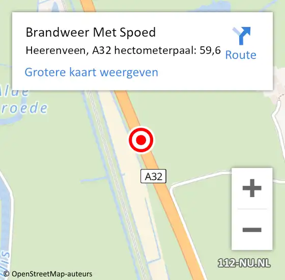 Locatie op kaart van de 112 melding: Brandweer Met Spoed Naar Heerenveen, A32 hectometerpaal: 59,6 op 12 september 2022 14:58