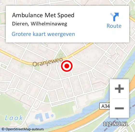 Locatie op kaart van de 112 melding: Ambulance Met Spoed Naar Dieren, Wilhelminaweg op 12 september 2022 15:01
