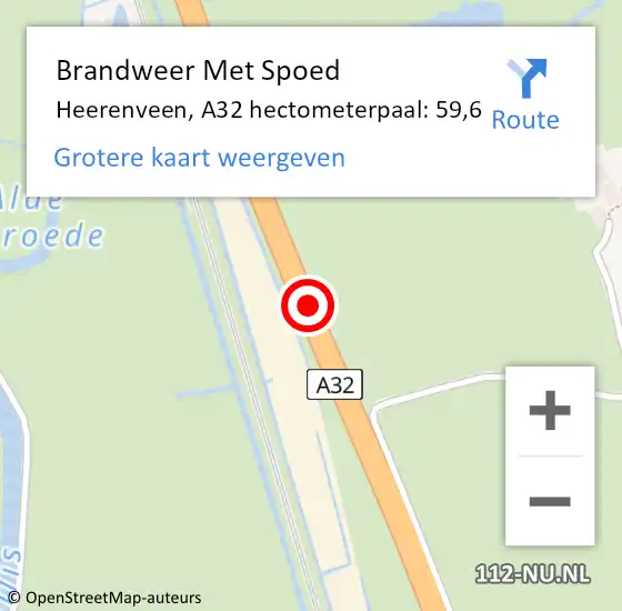 Locatie op kaart van de 112 melding: Brandweer Met Spoed Naar Heerenveen, A32 hectometerpaal: 59,6 op 12 september 2022 15:15