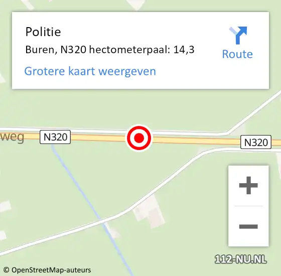 Locatie op kaart van de 112 melding: Politie Buren, N320 hectometerpaal: 14,3 op 12 september 2022 16:02