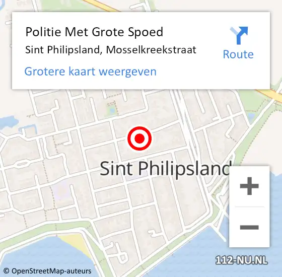 Locatie op kaart van de 112 melding: Politie Met Grote Spoed Naar Sint Philipsland, Mosselkreekstraat op 12 september 2022 16:10