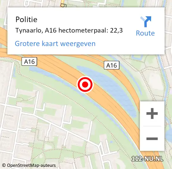 Locatie op kaart van de 112 melding: Politie Tynaarlo, A16 hectometerpaal: 22,3 op 12 september 2022 17:09