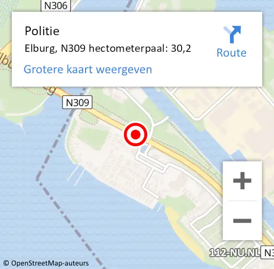 Locatie op kaart van de 112 melding: Politie Elburg, N309 hectometerpaal: 30,2 op 12 september 2022 17:32