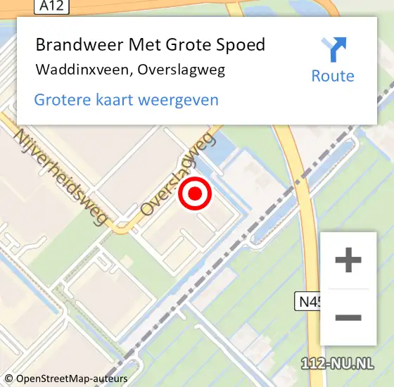 Locatie op kaart van de 112 melding: Brandweer Met Grote Spoed Naar Waddinxveen, Overslagweg op 12 september 2022 18:18