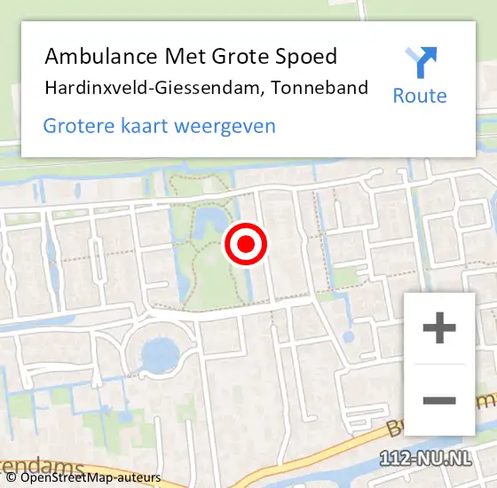 Locatie op kaart van de 112 melding: Ambulance Met Grote Spoed Naar Hardinxveld-Giessendam, Tonneband op 12 september 2022 19:49