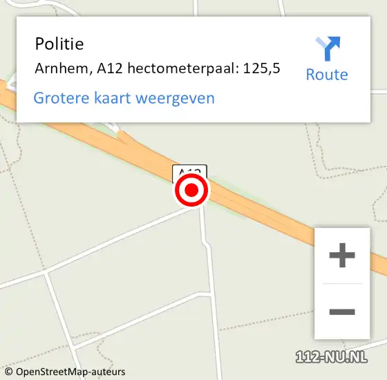 Locatie op kaart van de 112 melding: Politie Arnhem, A12 hectometerpaal: 125,5 op 12 september 2022 21:02