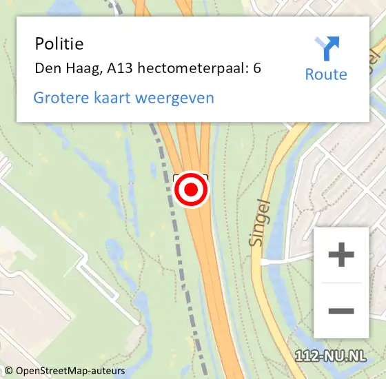 Locatie op kaart van de 112 melding: Politie Den Haag, A13 hectometerpaal: 6 op 12 september 2022 23:33