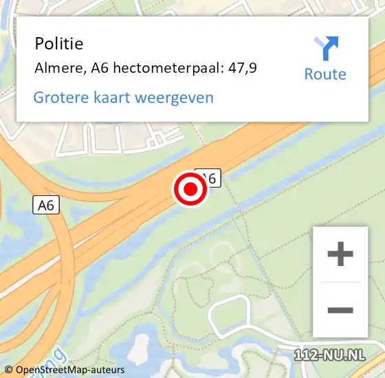 Locatie op kaart van de 112 melding: Politie Almere, A6 hectometerpaal: 47,9 op 13 september 2022 05:27