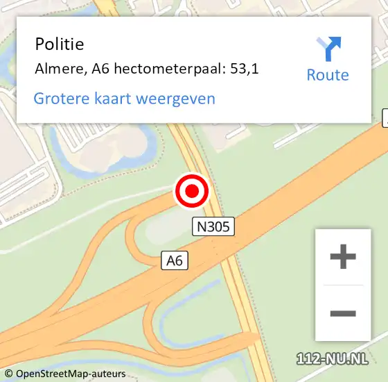 Locatie op kaart van de 112 melding: Politie Almere, A6 hectometerpaal: 53,1 op 13 september 2022 06:22