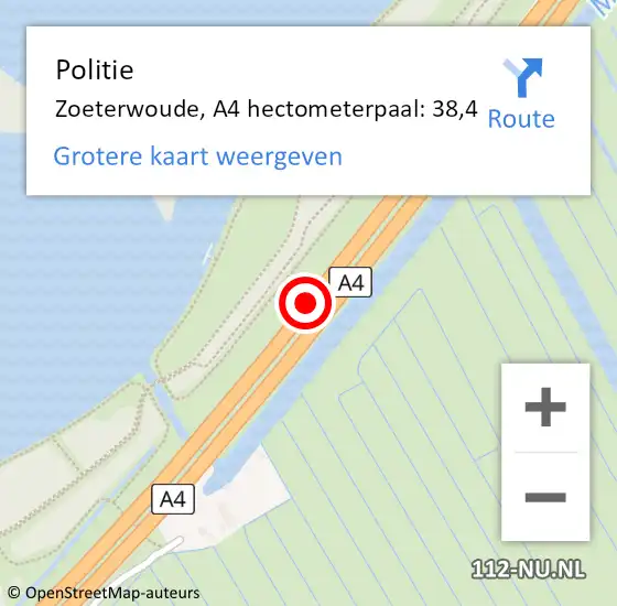 Locatie op kaart van de 112 melding: Politie Zoeterwoude, A4 hectometerpaal: 38,4 op 13 september 2022 06:30