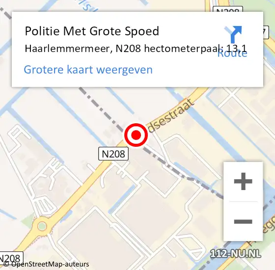 Locatie op kaart van de 112 melding: Politie Met Grote Spoed Naar Haarlemmermeer, N208 hectometerpaal: 13,1 op 13 september 2022 06:50