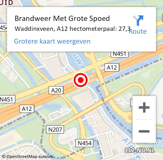 Locatie op kaart van de 112 melding: Brandweer Met Grote Spoed Naar Waddinxveen, A12 hectometerpaal: 27,3 op 13 september 2022 07:15