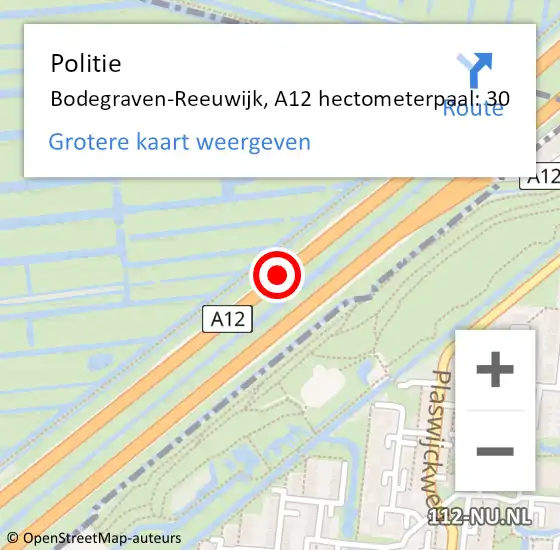 Locatie op kaart van de 112 melding: Politie Bodegraven-Reeuwijk, A12 hectometerpaal: 30 op 13 september 2022 07:30