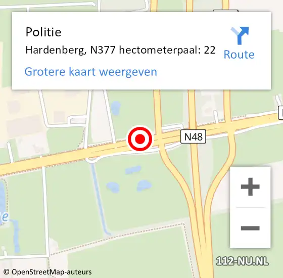 Locatie op kaart van de 112 melding: Politie Hardenberg, N377 hectometerpaal: 22 op 13 september 2022 07:43