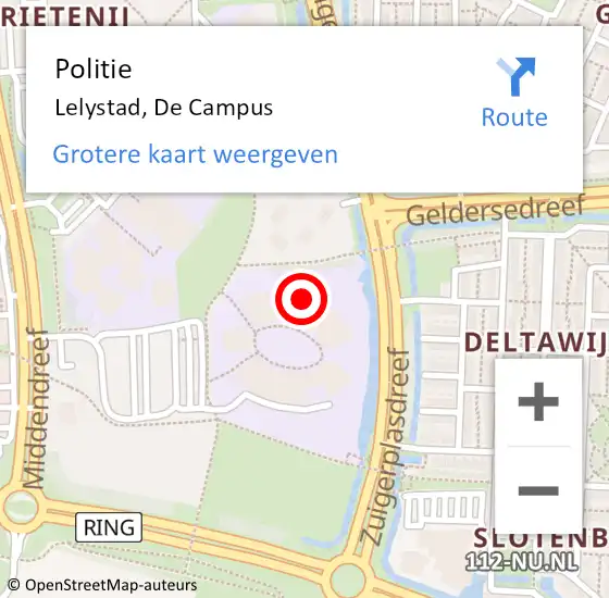 Locatie op kaart van de 112 melding: Politie Lelystad, De Campus op 13 september 2022 08:15