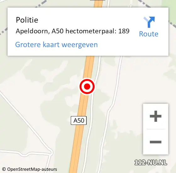 Locatie op kaart van de 112 melding: Politie Apeldoorn, A50 hectometerpaal: 189 op 13 september 2022 08:49