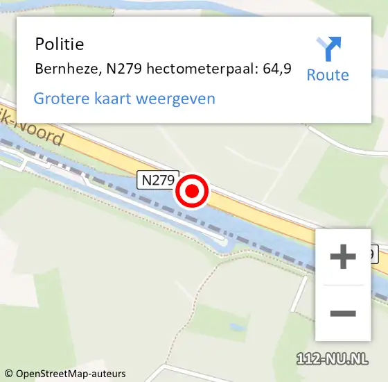 Locatie op kaart van de 112 melding: Politie Bernheze, N279 hectometerpaal: 64,9 op 13 september 2022 08:53