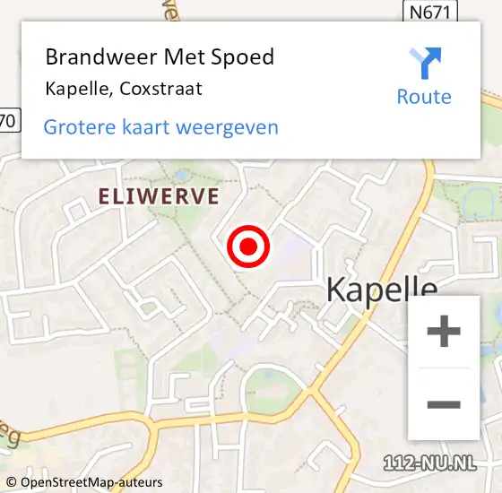 Locatie op kaart van de 112 melding: Brandweer Met Spoed Naar Kapelle, Coxstraat op 13 september 2022 09:20