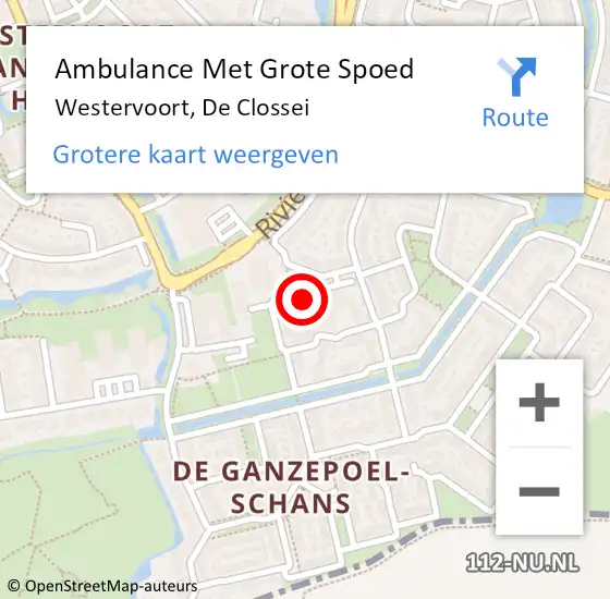 Locatie op kaart van de 112 melding: Ambulance Met Grote Spoed Naar Westervoort, De Clossei op 13 september 2022 09:39