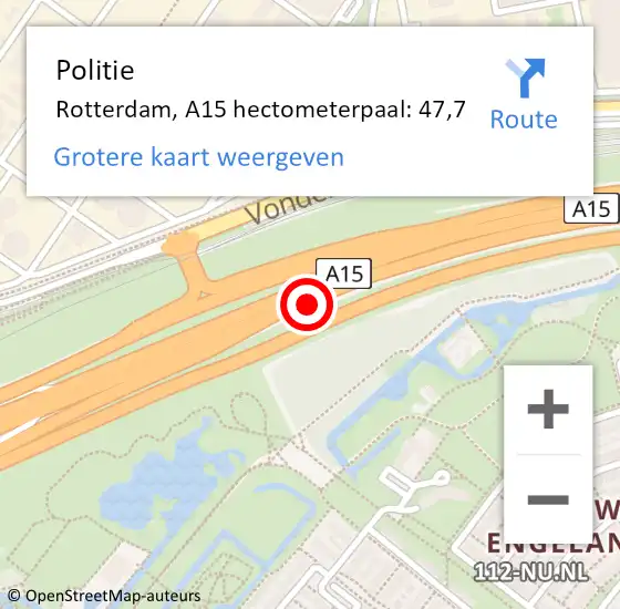 Locatie op kaart van de 112 melding: Politie Rotterdam, A15 hectometerpaal: 47,7 op 13 september 2022 10:21