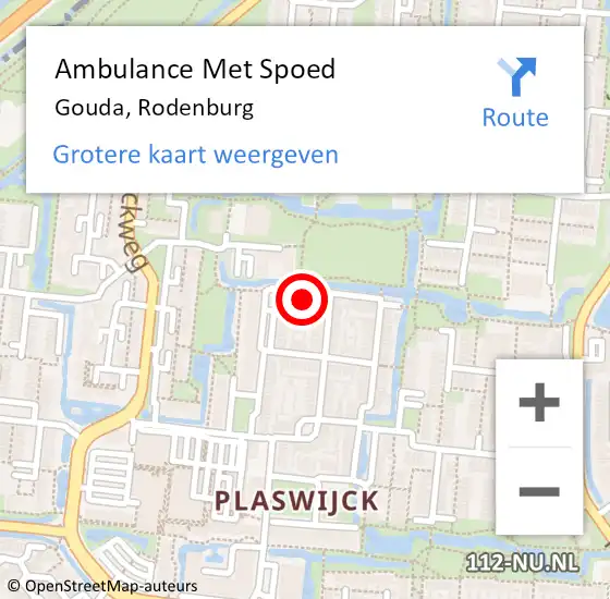 Locatie op kaart van de 112 melding: Ambulance Met Spoed Naar Gouda, Rodenburg op 13 september 2022 10:25