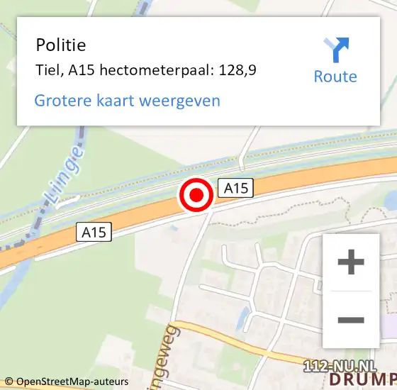 Locatie op kaart van de 112 melding: Politie Tiel, A15 hectometerpaal: 128,9 op 13 september 2022 10:25