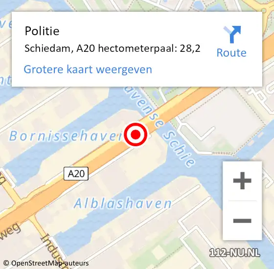 Locatie op kaart van de 112 melding: Politie Rotterdam, A20 hectometerpaal: 28,2 op 13 september 2022 12:11