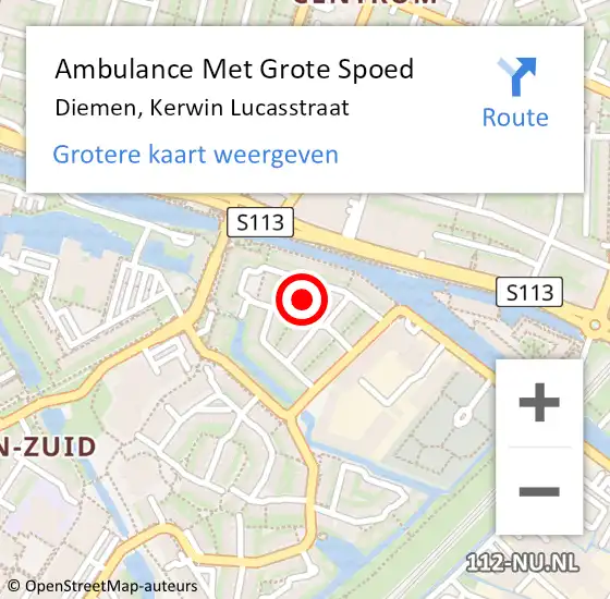 Locatie op kaart van de 112 melding: Ambulance Met Grote Spoed Naar Diemen, Kerwin Lucasstraat op 13 september 2022 13:56