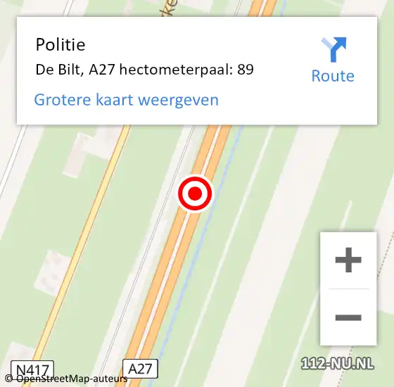 Locatie op kaart van de 112 melding: Politie De Bilt, A27 hectometerpaal: 89 op 13 september 2022 16:05