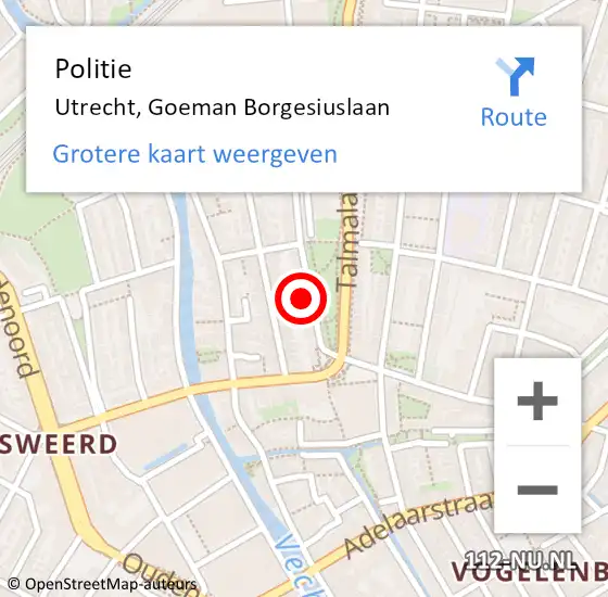 Locatie op kaart van de 112 melding: Politie Utrecht, Goeman Borgesiuslaan op 13 september 2022 16:35