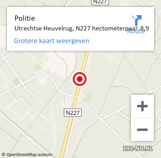 Locatie op kaart van de 112 melding: Politie Utrechtse Heuvelrug, N227 hectometerpaal: 8,9 op 13 september 2022 16:48