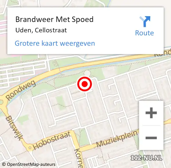 Locatie op kaart van de 112 melding: Brandweer Met Spoed Naar Uden, Cellostraat op 13 september 2022 17:54