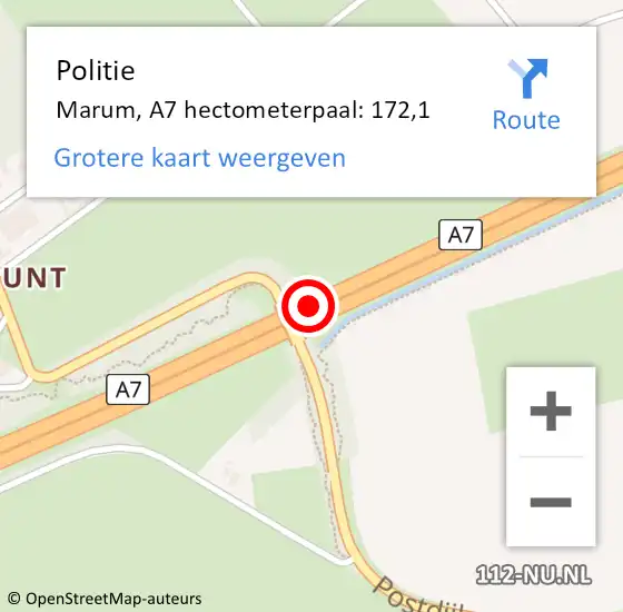 Locatie op kaart van de 112 melding: Politie Marum, A7 hectometerpaal: 172,1 op 13 september 2022 18:49