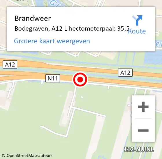 Locatie op kaart van de 112 melding: Brandweer Bodegraven, A12 R hectometerpaal: 35,0 op 29 juli 2014 10:08