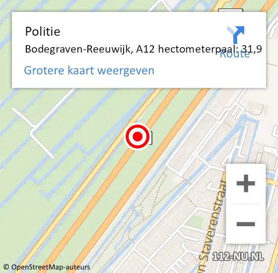 Locatie op kaart van de 112 melding: Politie Bodegraven-Reeuwijk, A12 hectometerpaal: 31,9 op 13 september 2022 23:31