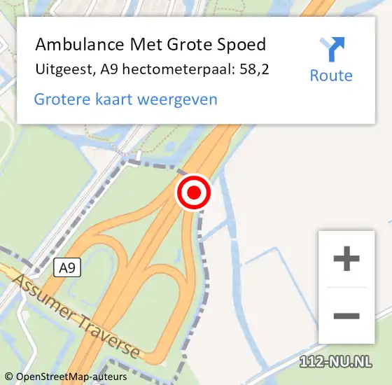 Locatie op kaart van de 112 melding: Ambulance Met Grote Spoed Naar Uitgeest, A9 hectometerpaal: 58,2 op 13 september 2022 23:50