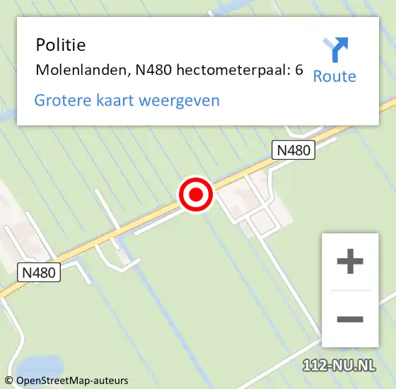 Locatie op kaart van de 112 melding: Politie Molenlanden, N480 hectometerpaal: 6 op 14 september 2022 07:47