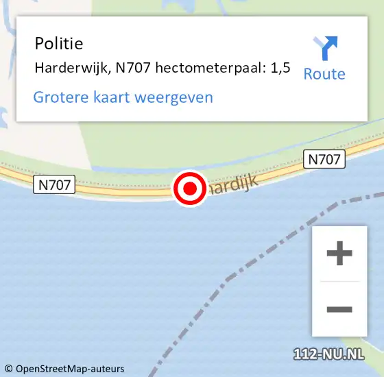 Locatie op kaart van de 112 melding: Politie Harderwijk, N707 hectometerpaal: 1,5 op 14 september 2022 08:15