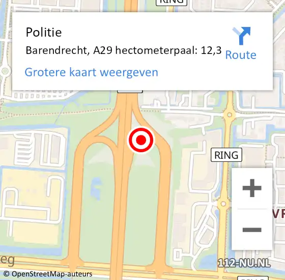 Locatie op kaart van de 112 melding: Politie Barendrecht, A29 hectometerpaal: 12,3 op 14 september 2022 08:19