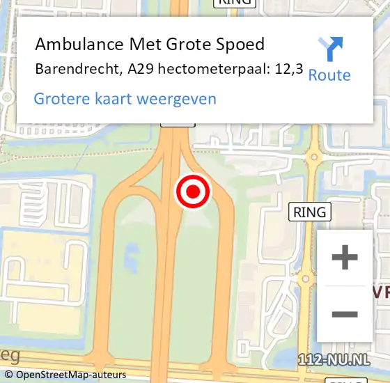 Locatie op kaart van de 112 melding: Ambulance Met Grote Spoed Naar Barendrecht, A29 hectometerpaal: 12,3 op 14 september 2022 08:19