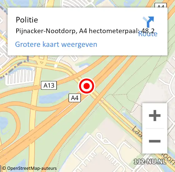 Locatie op kaart van de 112 melding: Politie Den Haag, A4 hectometerpaal: 48,2 op 14 september 2022 09:02