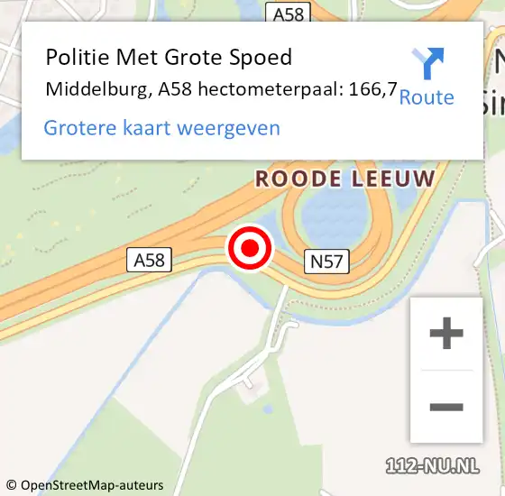 Locatie op kaart van de 112 melding: Politie Met Grote Spoed Naar Middelburg, A58 hectometerpaal: 166,7 op 14 september 2022 10:00