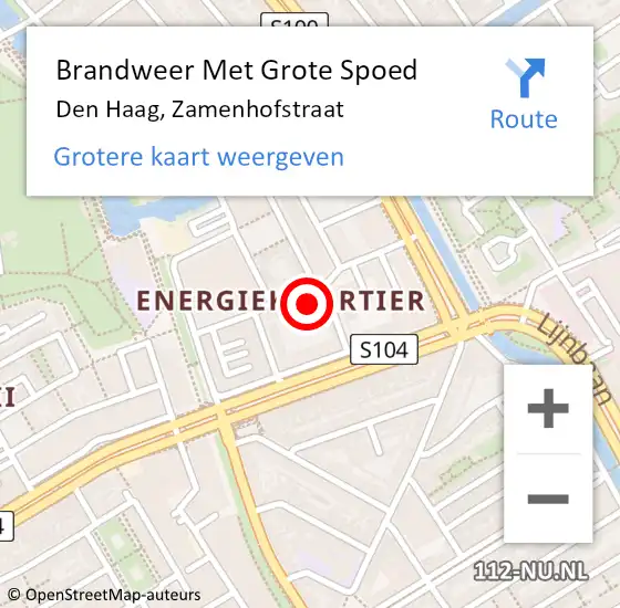 Locatie op kaart van de 112 melding: Brandweer Met Grote Spoed Naar Den Haag, Zamenhofstraat op 14 september 2022 10:29