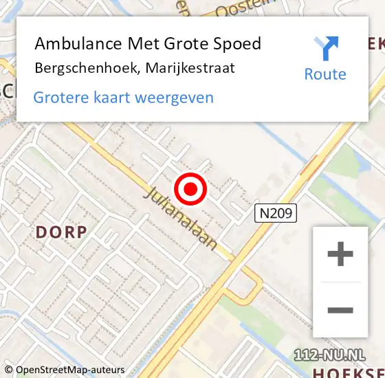 Locatie op kaart van de 112 melding: Ambulance Met Grote Spoed Naar Bergschenhoek, Marijkestraat op 14 september 2022 11:57