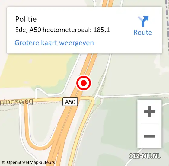 Locatie op kaart van de 112 melding: Politie Ede, A50 hectometerpaal: 185,1 op 14 september 2022 12:41