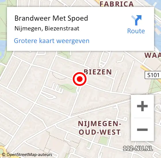 Locatie op kaart van de 112 melding: Brandweer Met Spoed Naar Nijmegen, Biezenstraat op 14 september 2022 13:16